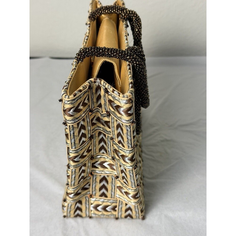 Vintage Vanessa Woven Handbag Beaded Handle Chevron Geometric Tote Purse MINT - Picture 4 of 8